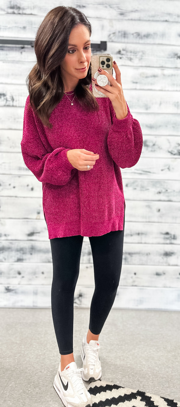 Deep Purple Velvet Chenille Sweater - Grace and Garment Boutique