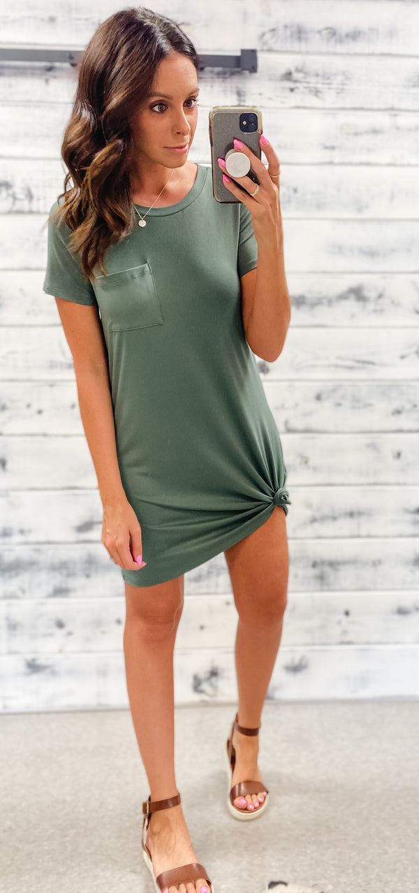 Cuffed Sleeve Olive Pocket T-Shirt Dress – Magnolia Boutique