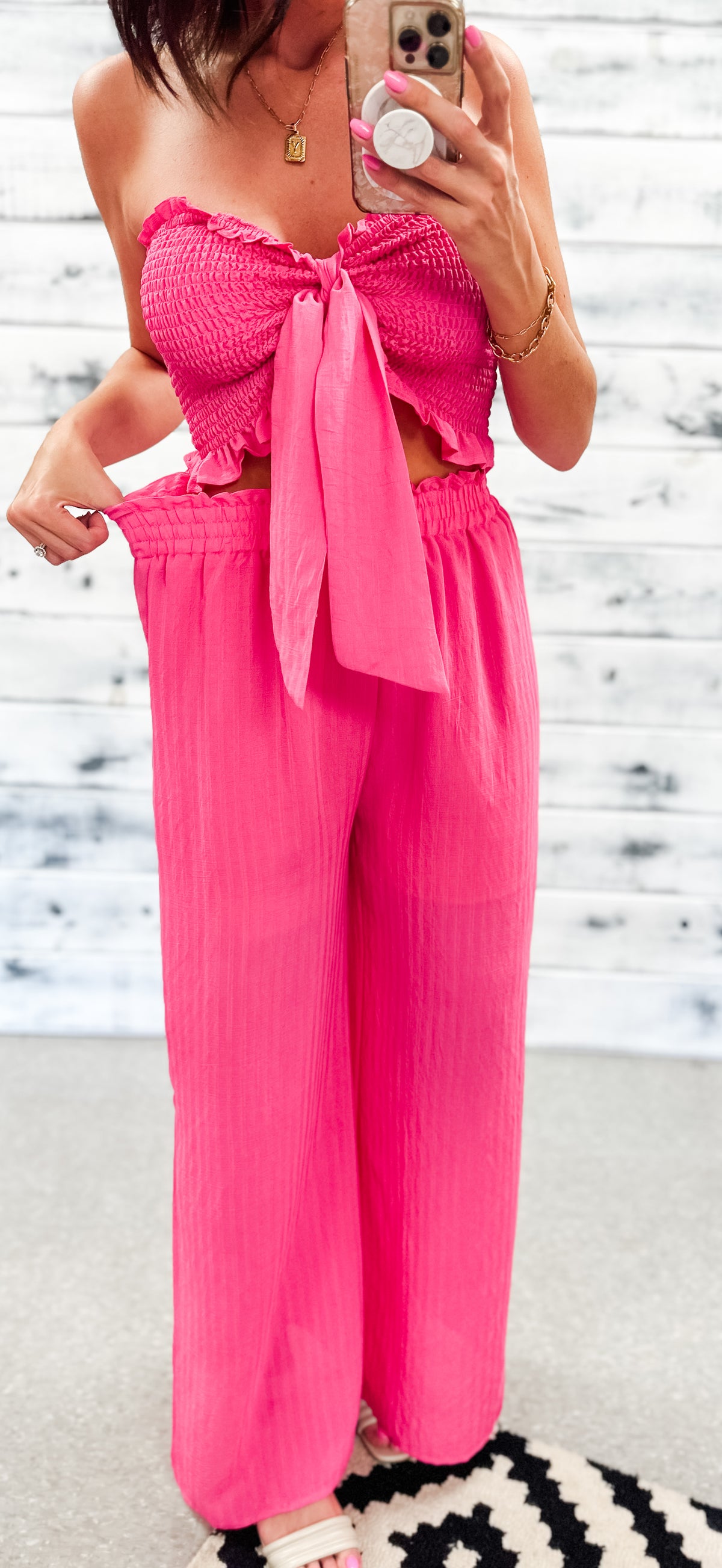 Hot Pink Smocked Crop Top &amp; Pant Set