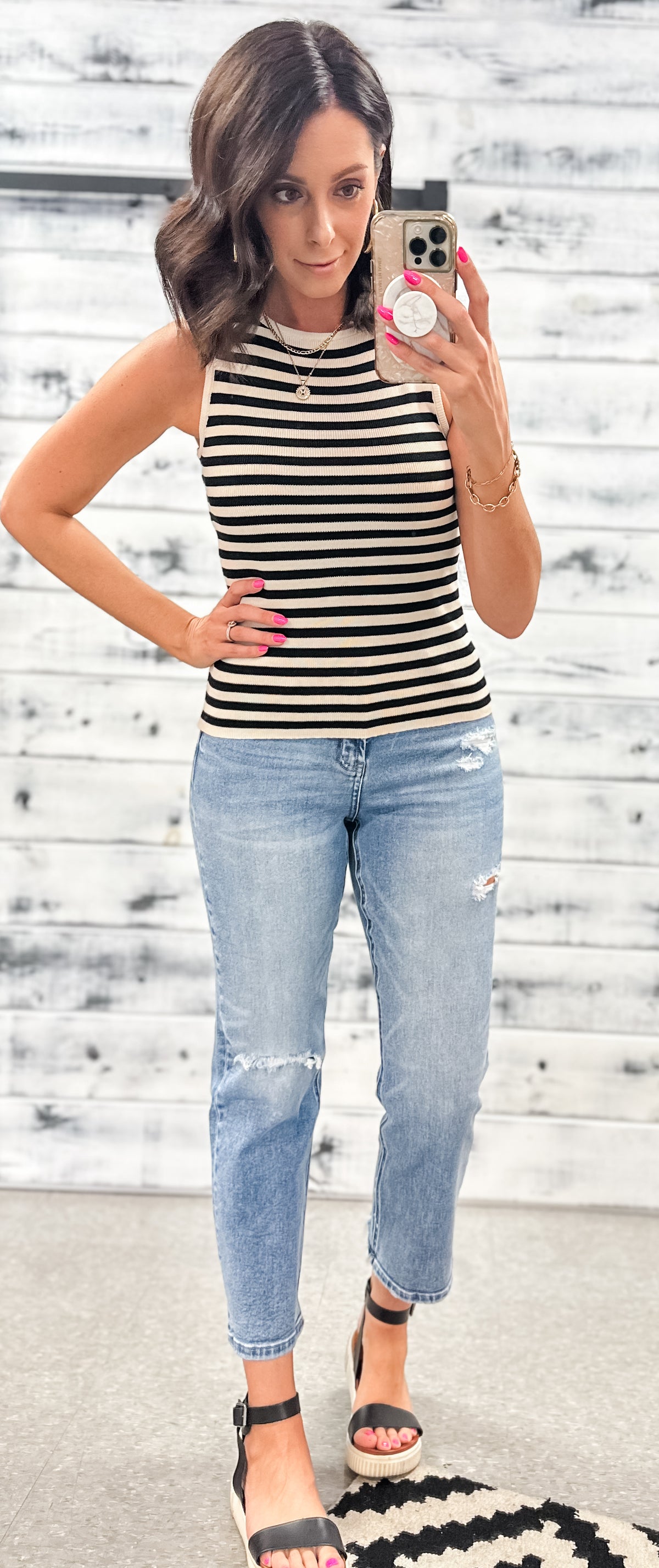 Cream &amp; Black Classic Stripe Tank