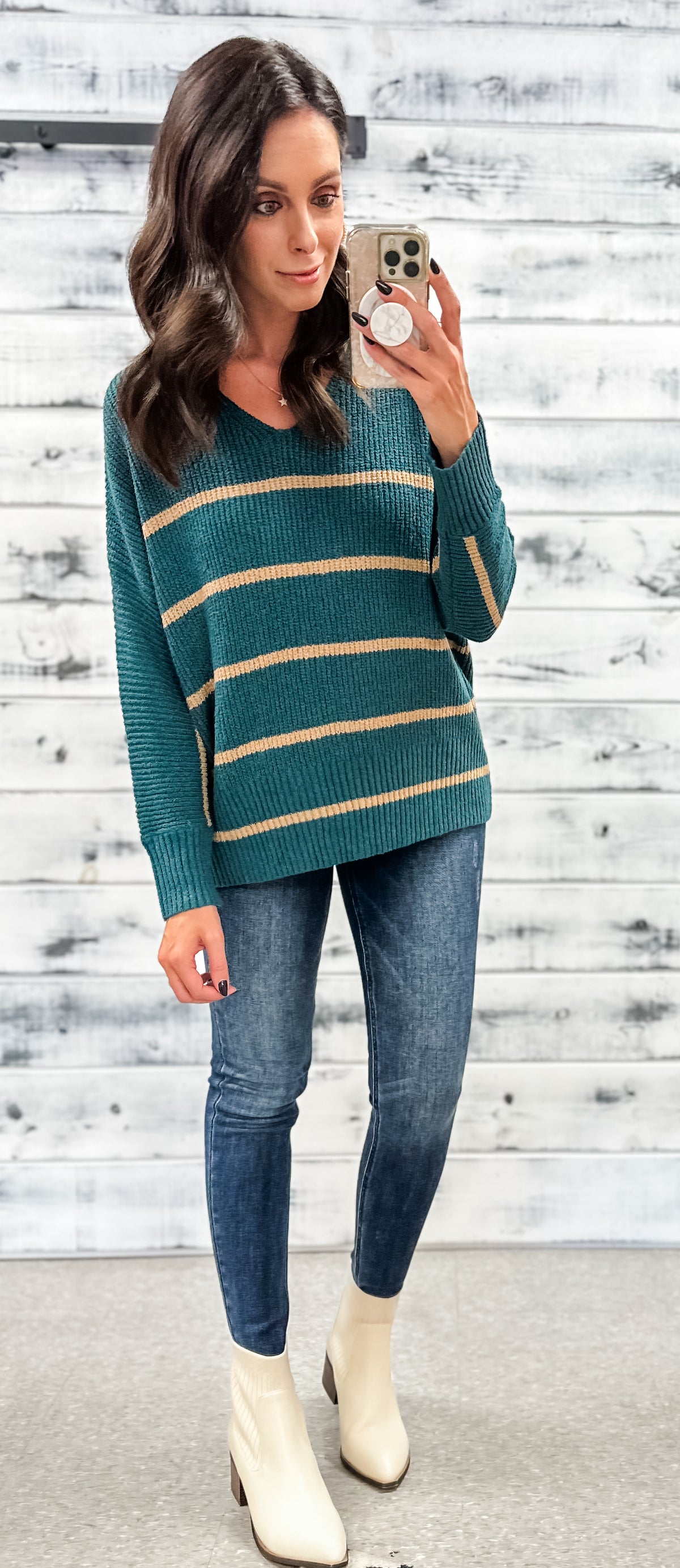 Deep Teal &amp; Tan Striped Sweater