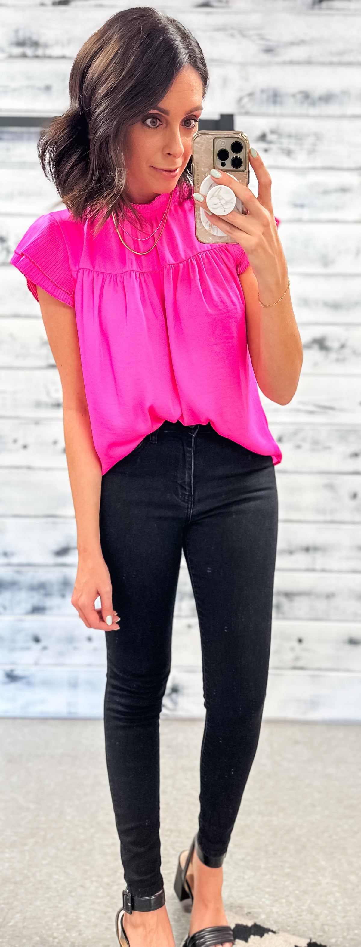 Hot Pink Satin Pleated Flutter Sleeve Blouse