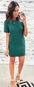 Muted Hunter Green Textured Puff Sleeve Shift Dress