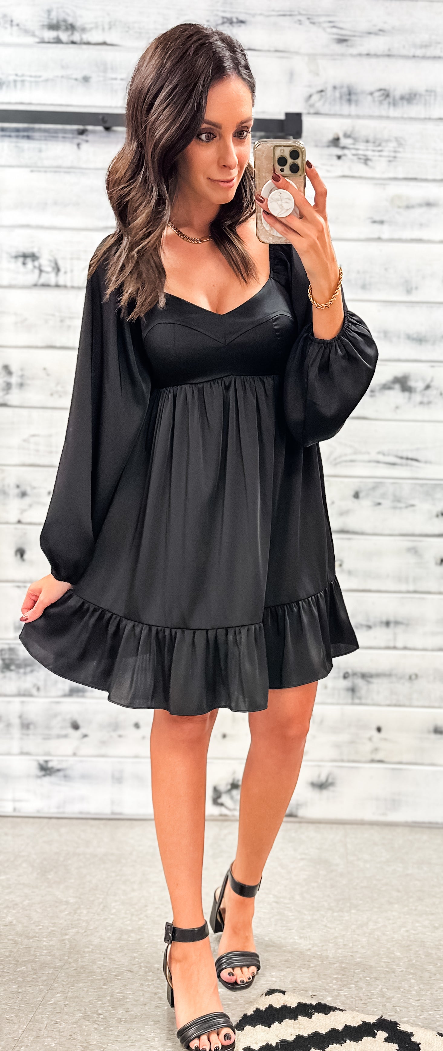 Black satin outlet ruffle dress