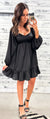 Black Satin Sweetheart Ruffle Dress