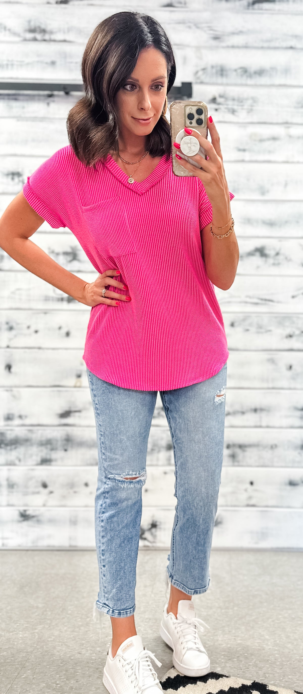 Hot Pink Ribbed V-Neck Reverse Seam Pocket Top