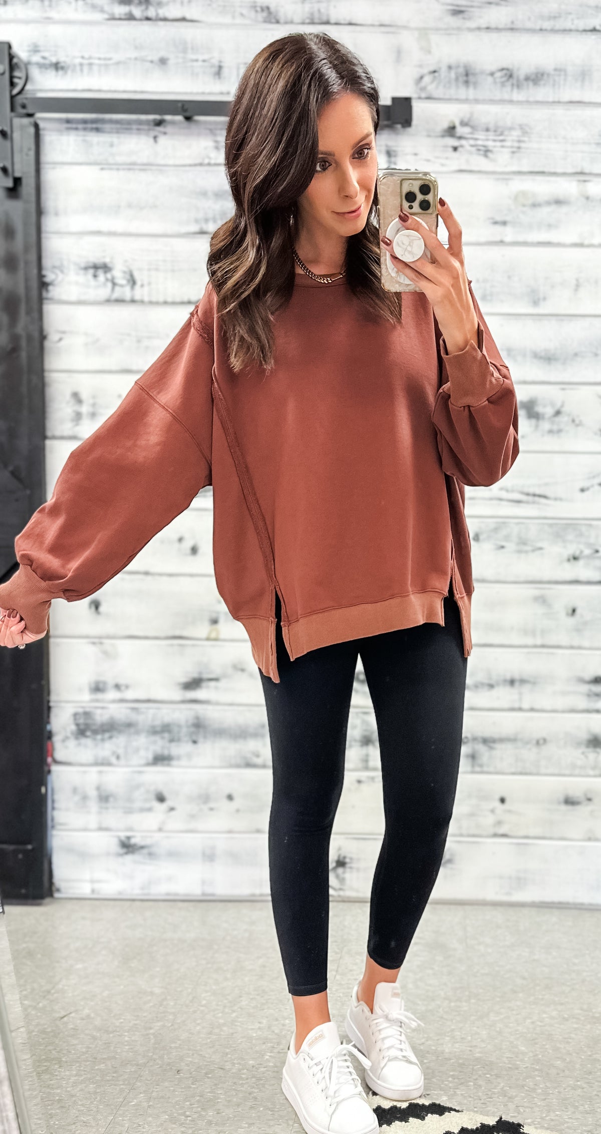 Red Rust Washed Oversized Raw Edge Pullover