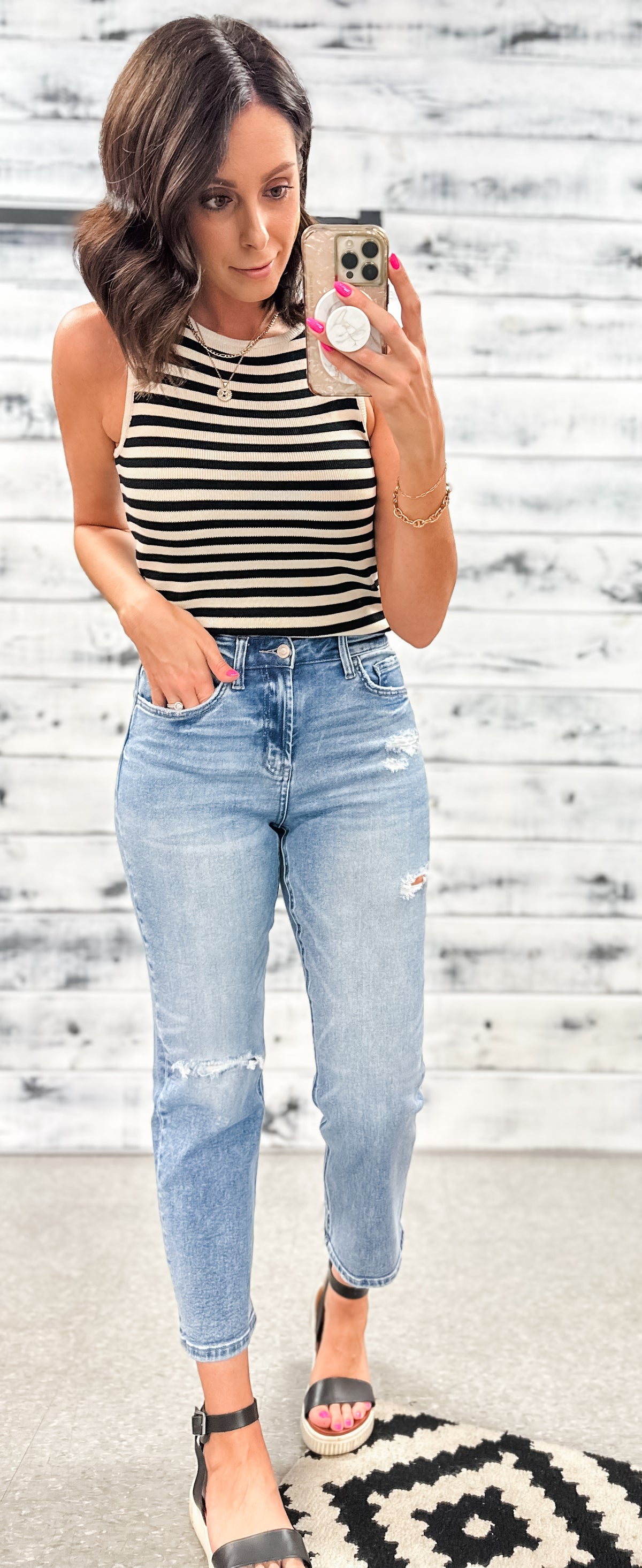 Cream &amp; Black Classic Stripe Tank