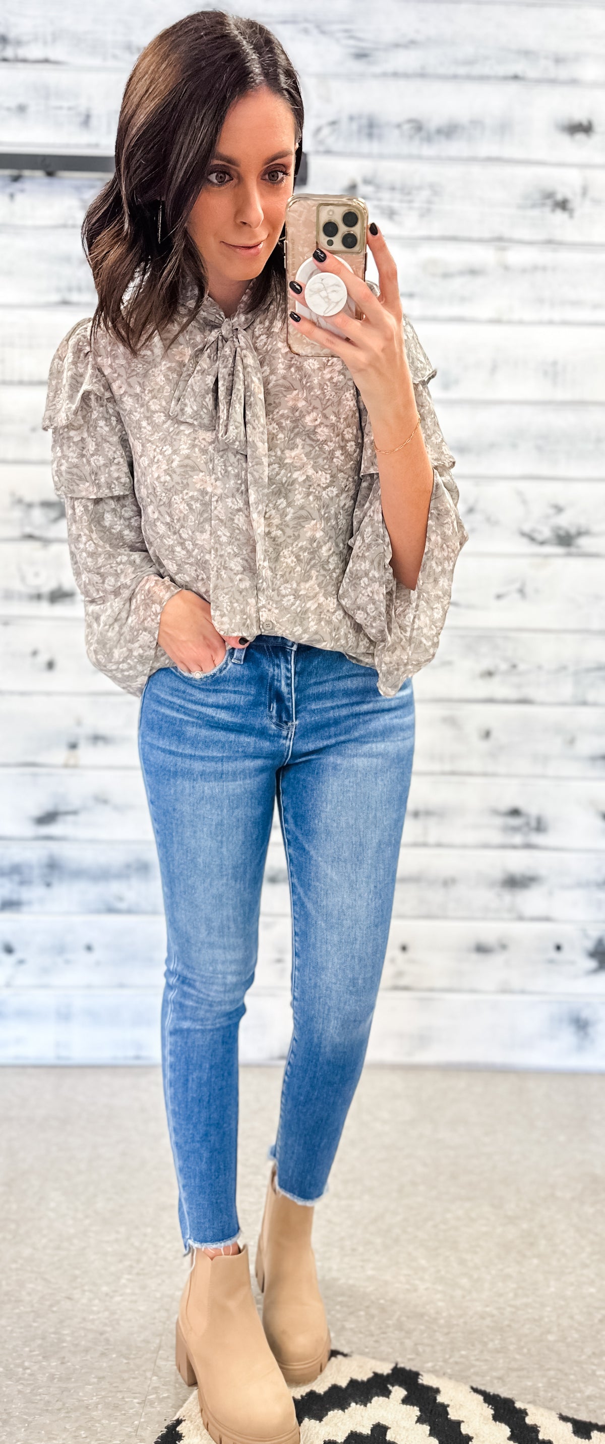 Grey Floral Tiered Sleeve Blouse
