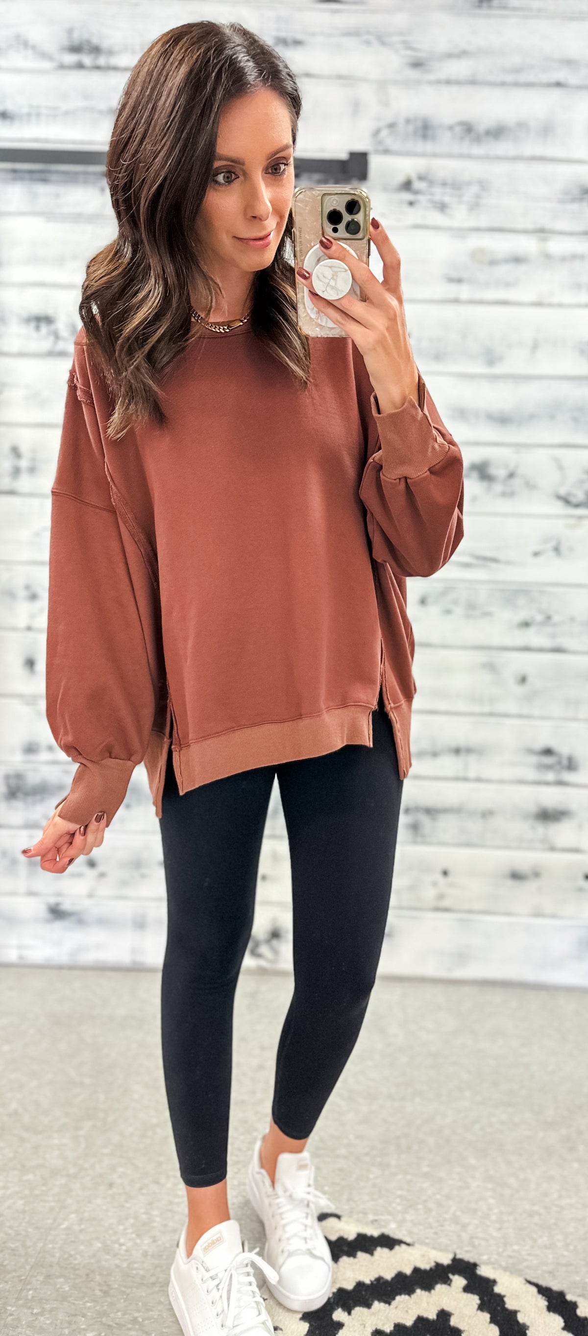 Red Rust Washed Oversized Raw Edge Pullover