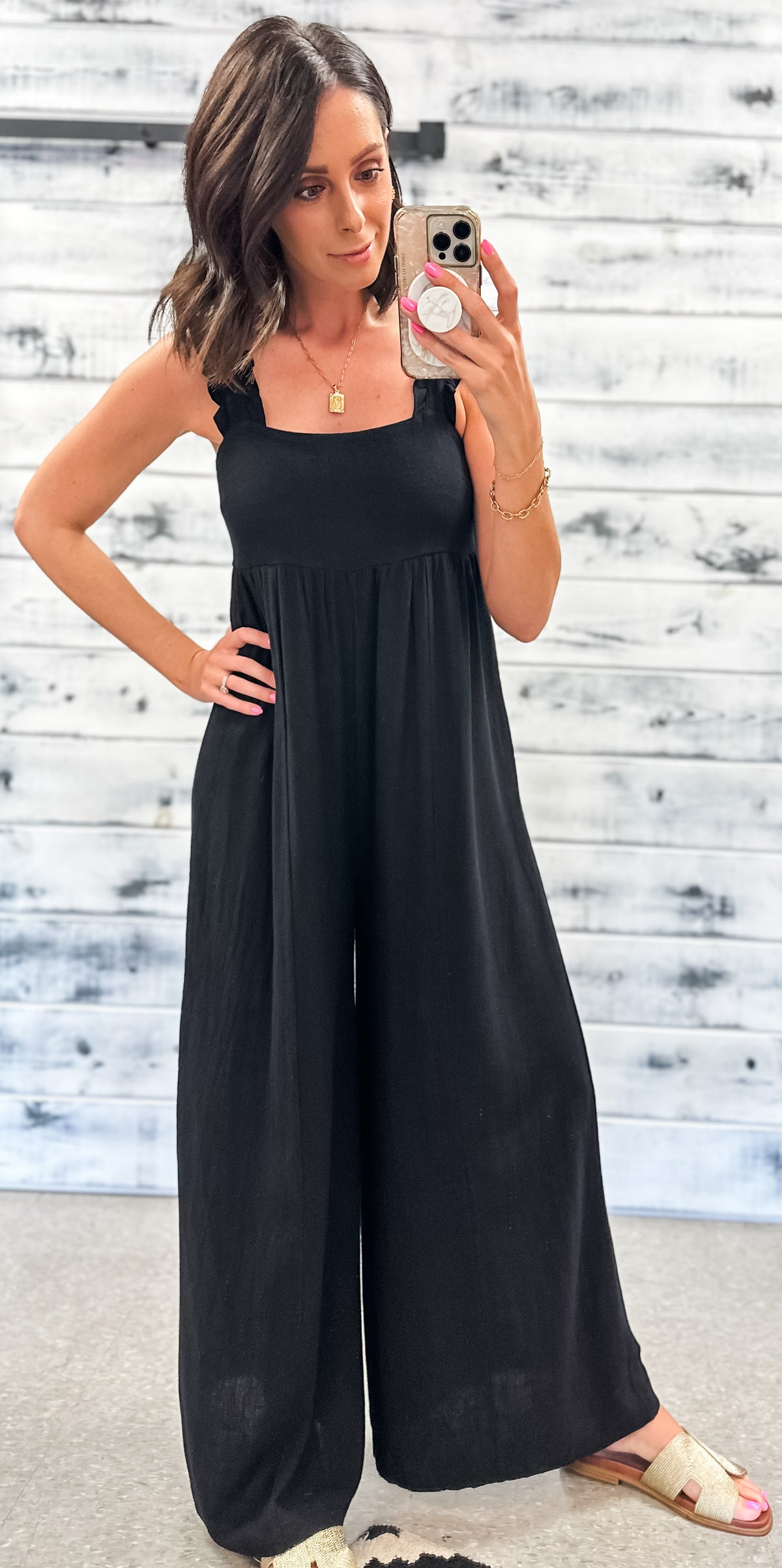 Black Linen Ruffle Strap Wide Leg Jumpsuit