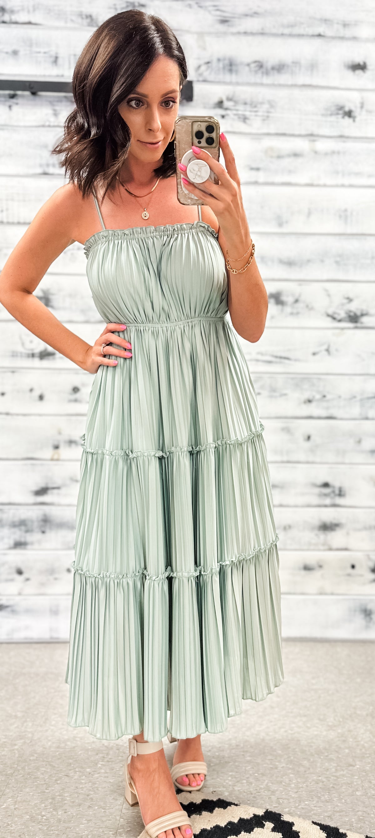 Muted Sage Pleated &amp; Tiered Maxi Dress