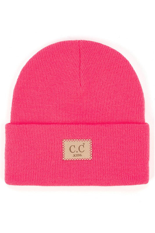 Kids Candy Pink Classic Rib Patch Beanie