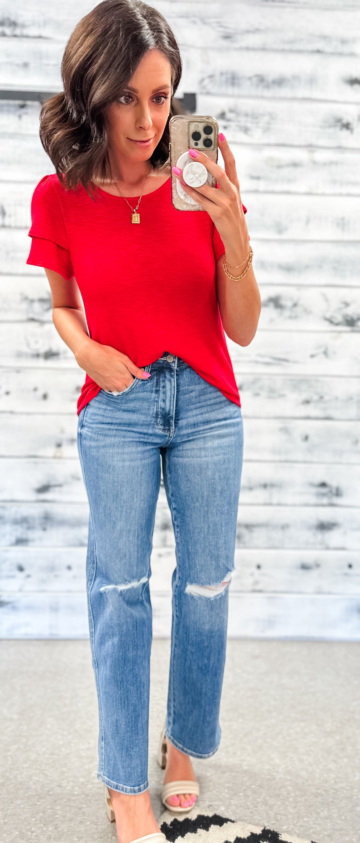 Red Double Ruffle Sleeve Top