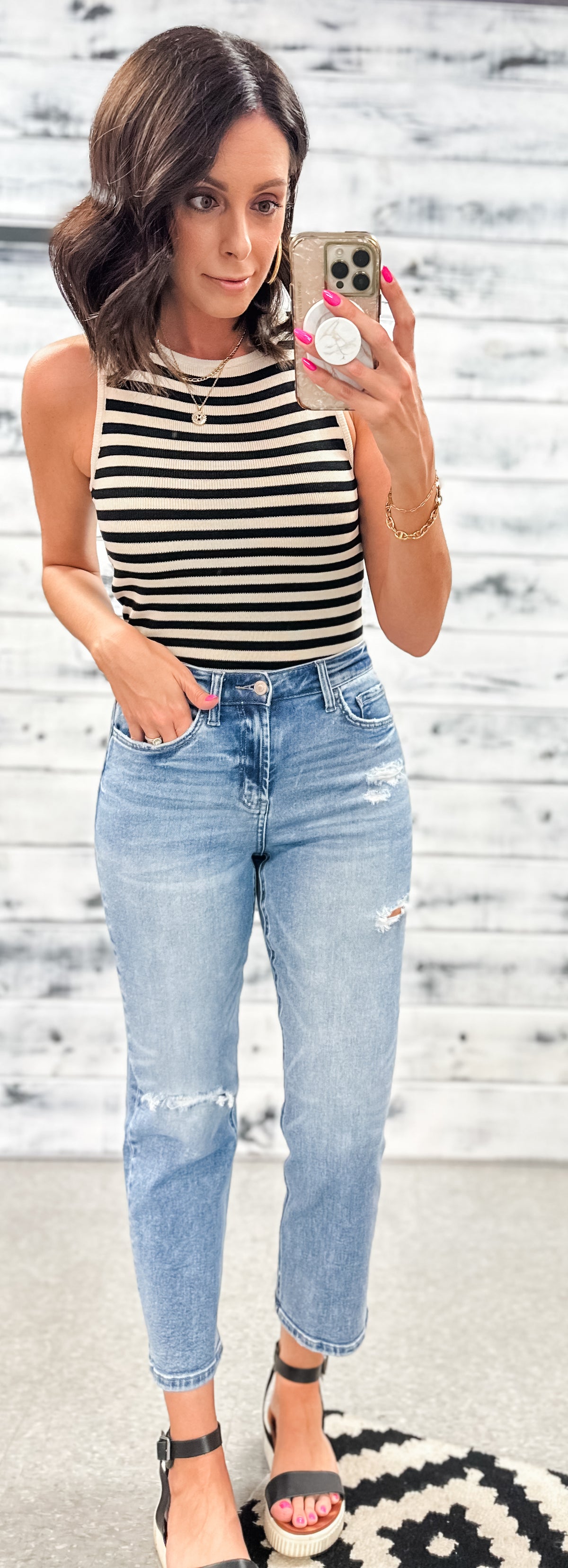 Cream &amp; Black Classic Stripe Tank