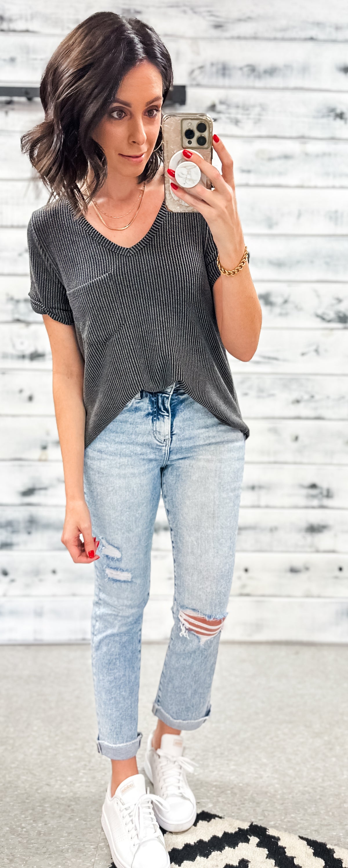 Charcoal Ribbed V-Neck Pocket Top