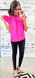 Hot Pink Satin Pleated Flutter Sleeve Blouse