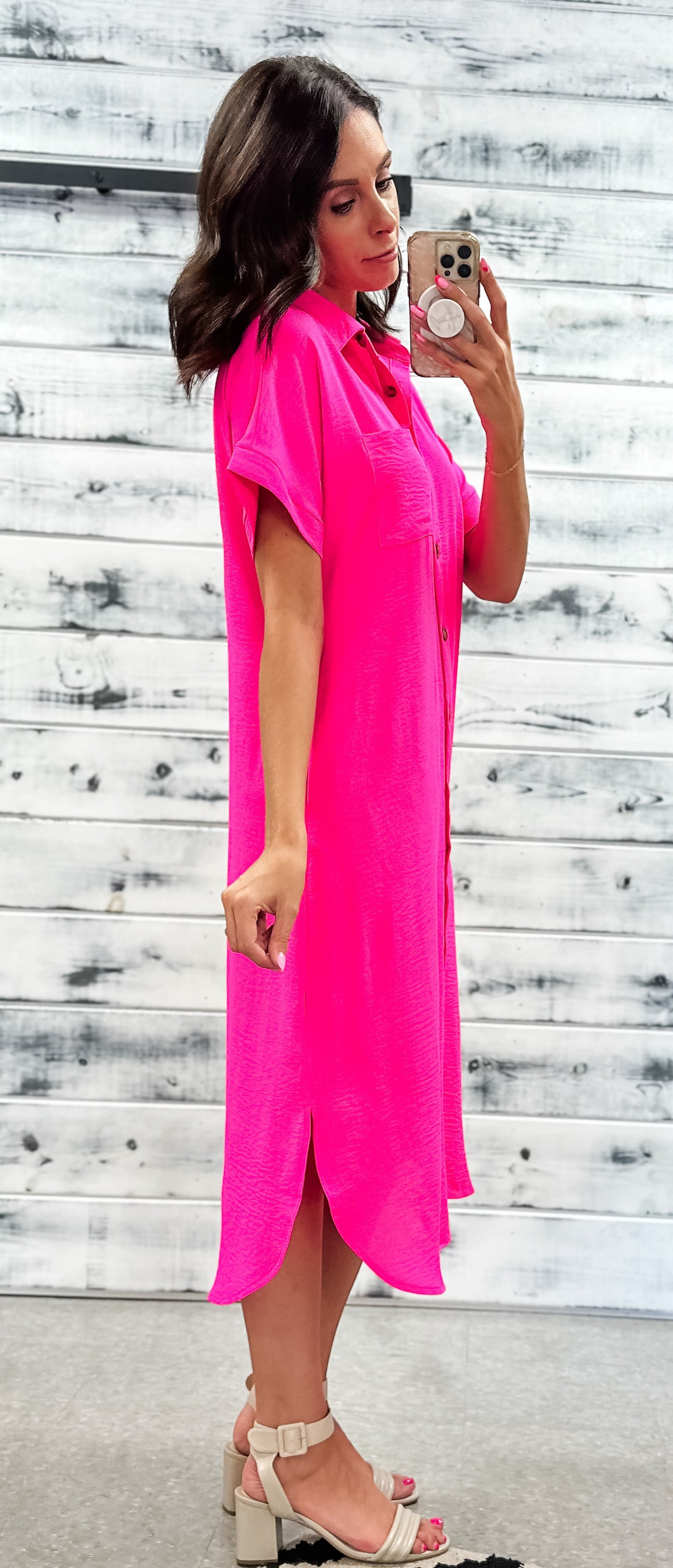 Bright Pink Button Up Shirt Midi Dress - Grace and Garment Boutique