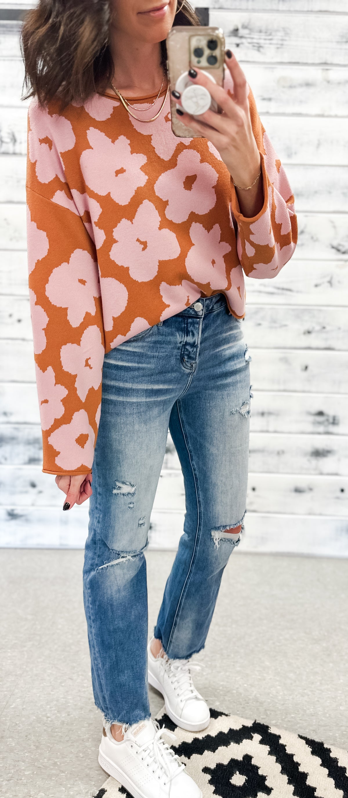 Camel &amp; Blush Floral Relaxed Crop Sweater