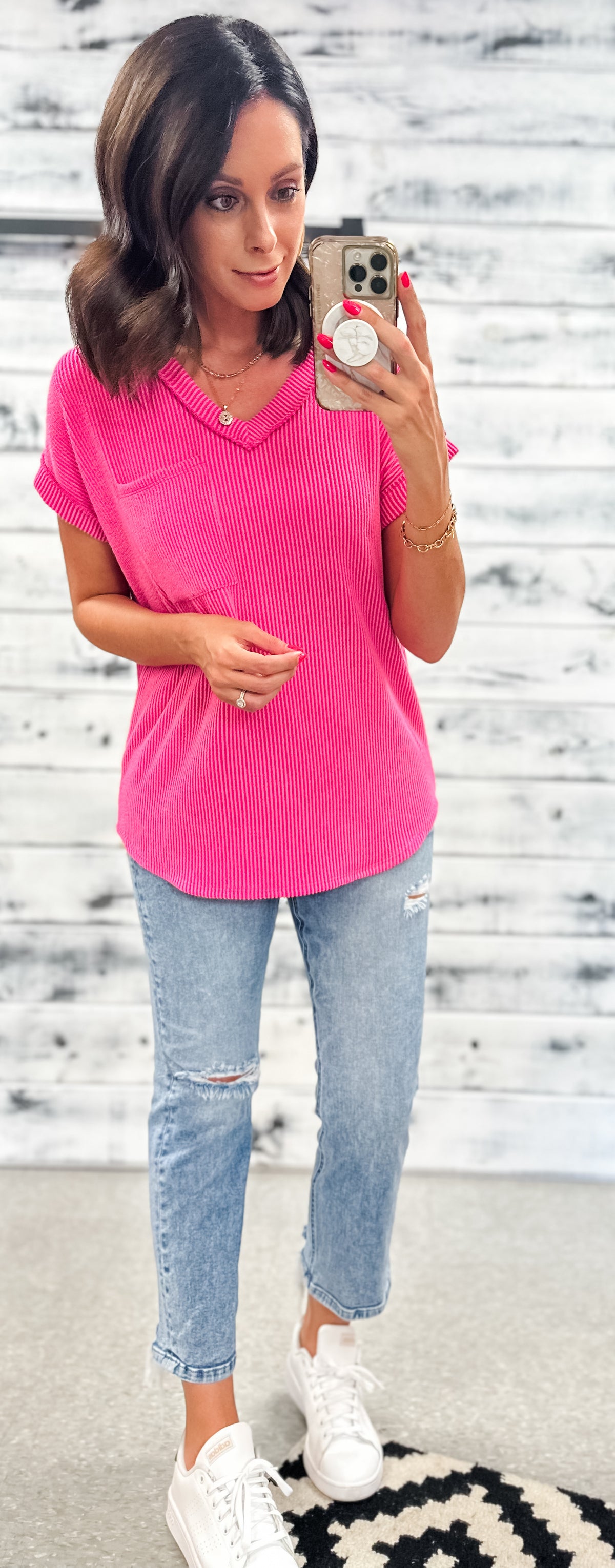 Hot Pink Ribbed V-Neck Reverse Seam Pocket Top