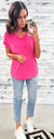 Hot Pink Ribbed V-Neck Reverse Seam Pocket Top