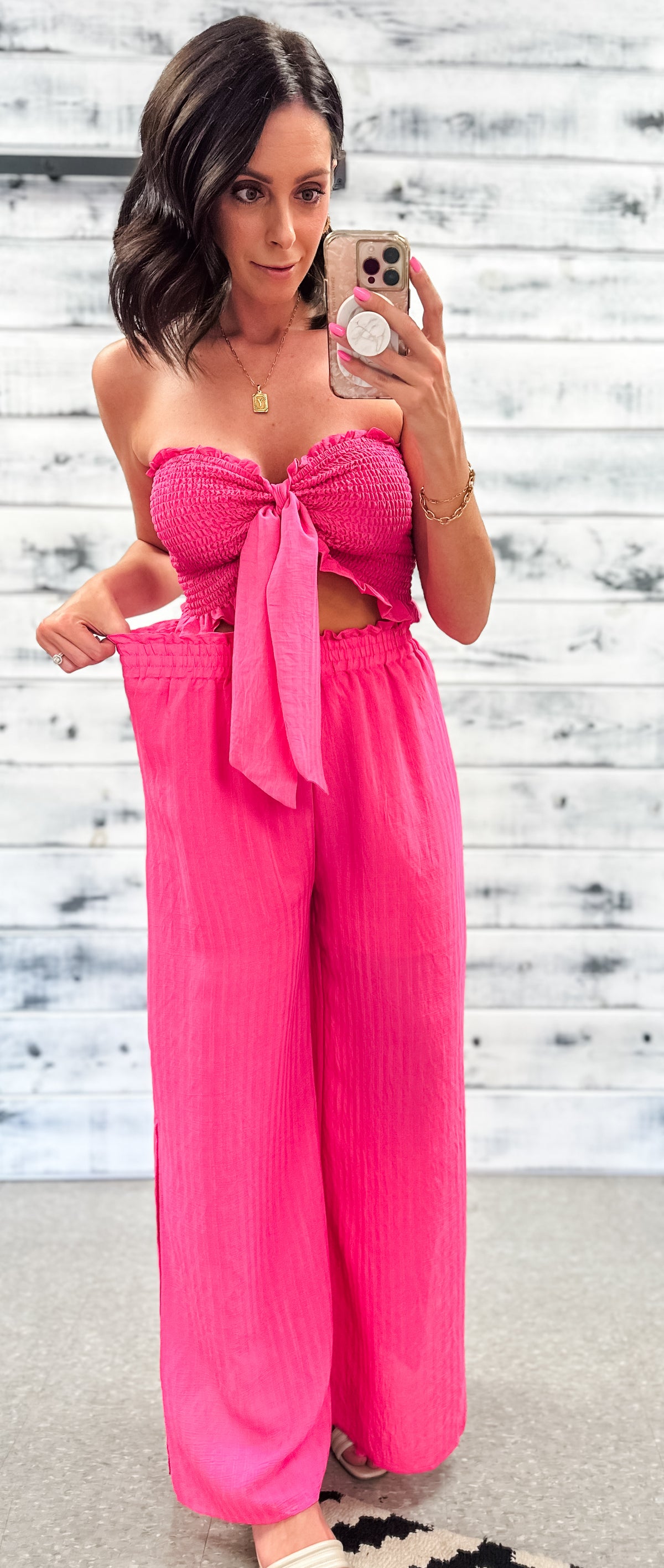 Hot Pink Smocked Crop Top &amp; Pant Set