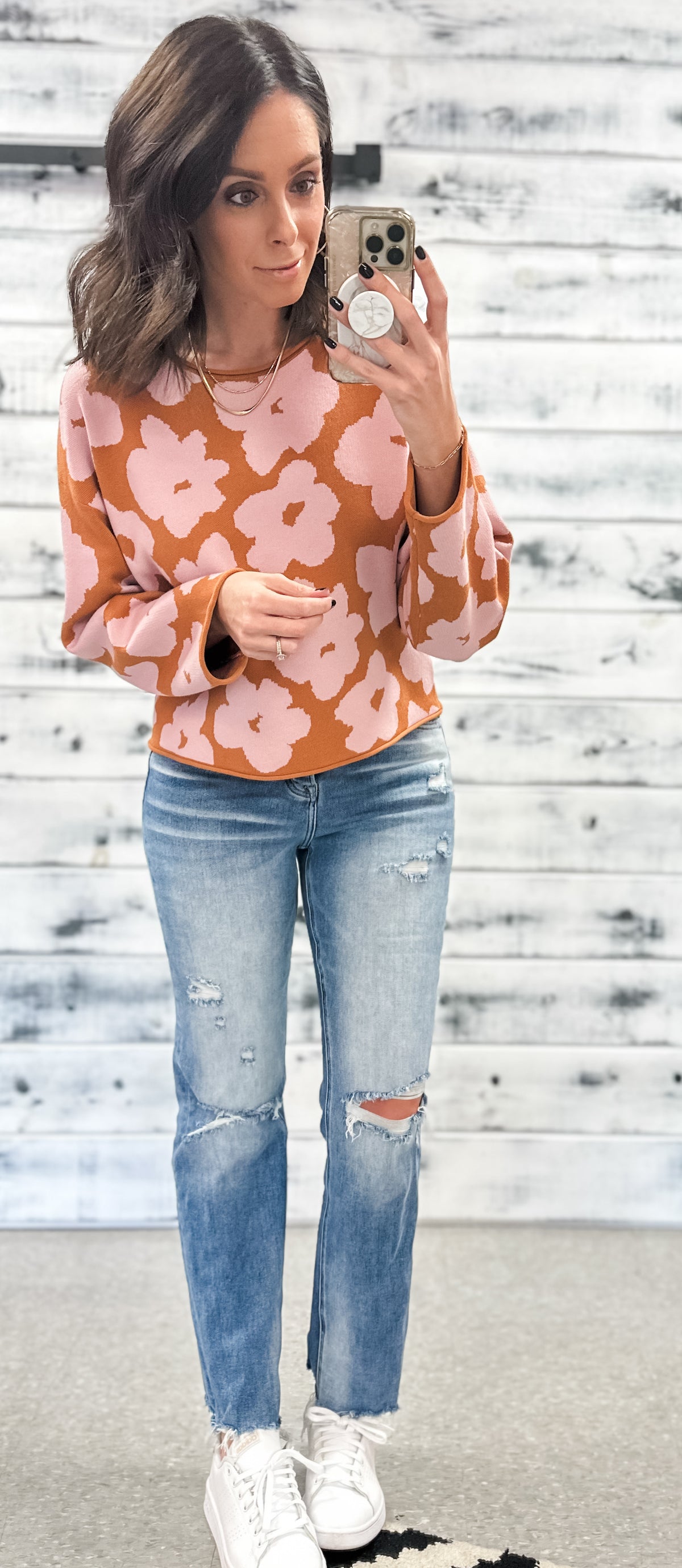 Camel &amp; Blush Floral Relaxed Crop Sweater