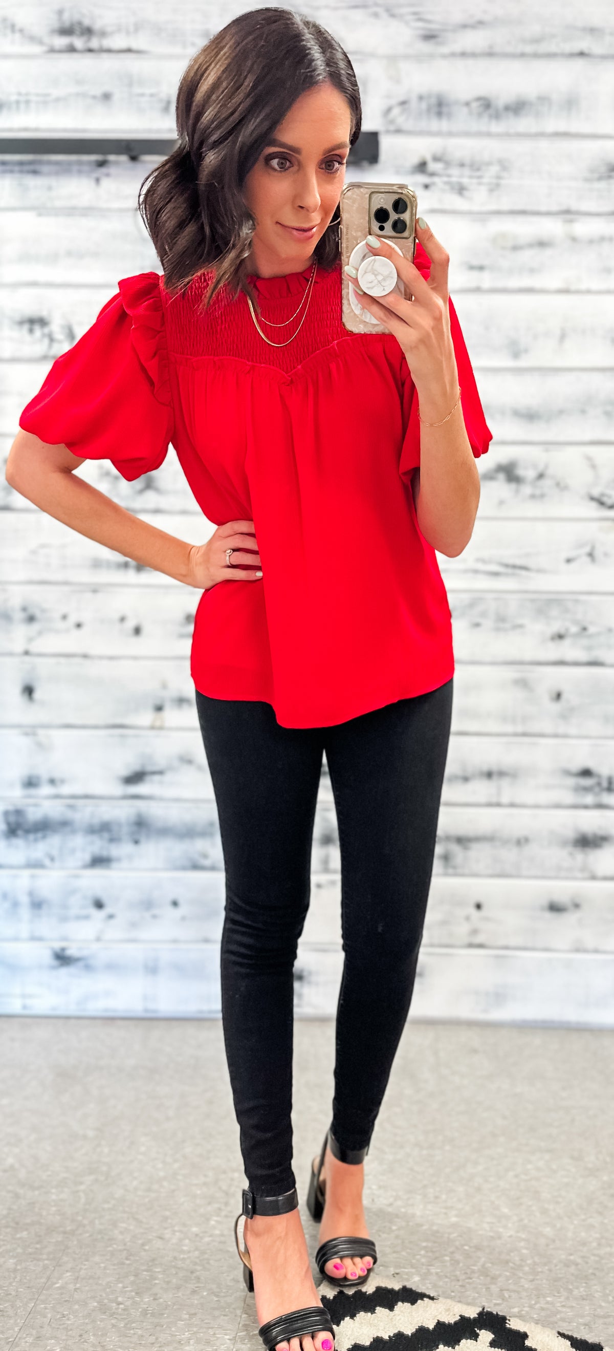 Red Smock &amp; Ruffle Bubble Sleeve Blouse