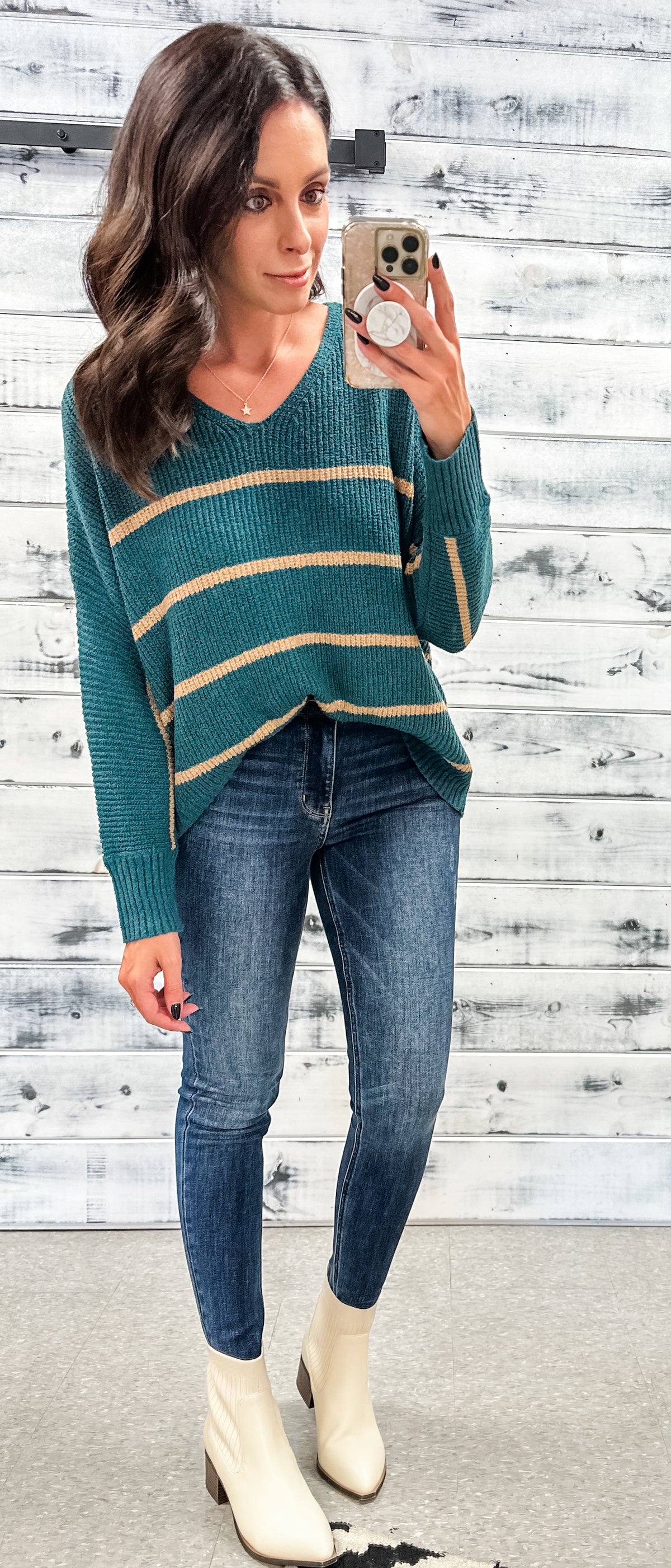 Deep Teal &amp; Tan Striped Sweater