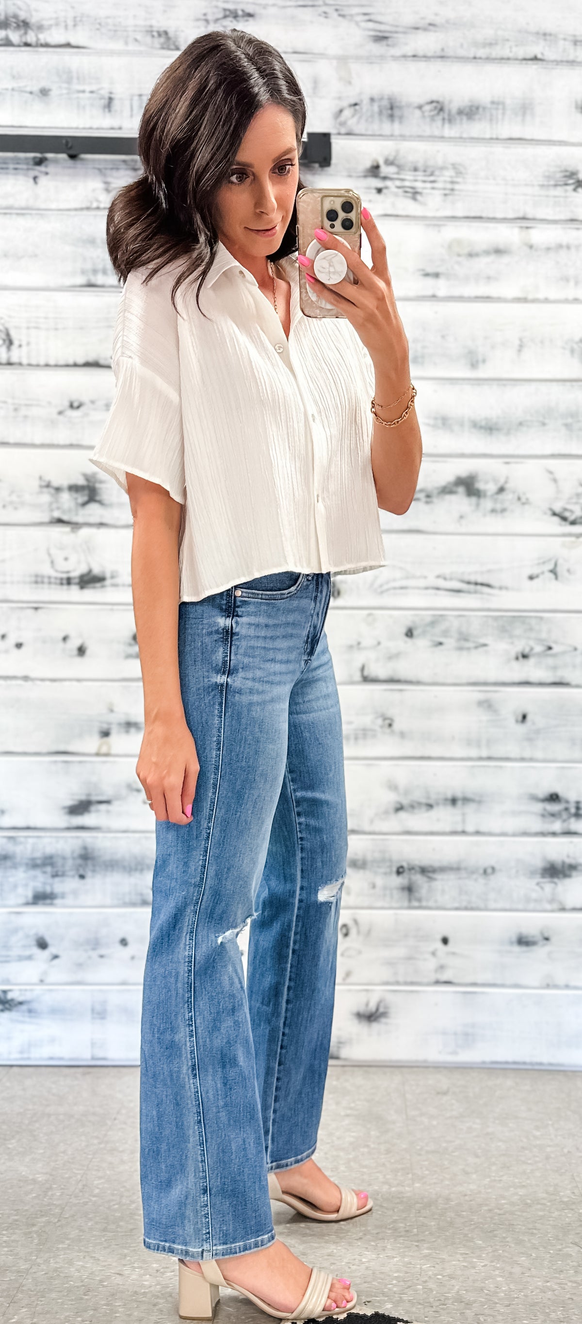 White Textured Button Down Crop Blouse