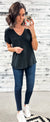 Black Ribbed V-Neck Pocket Top