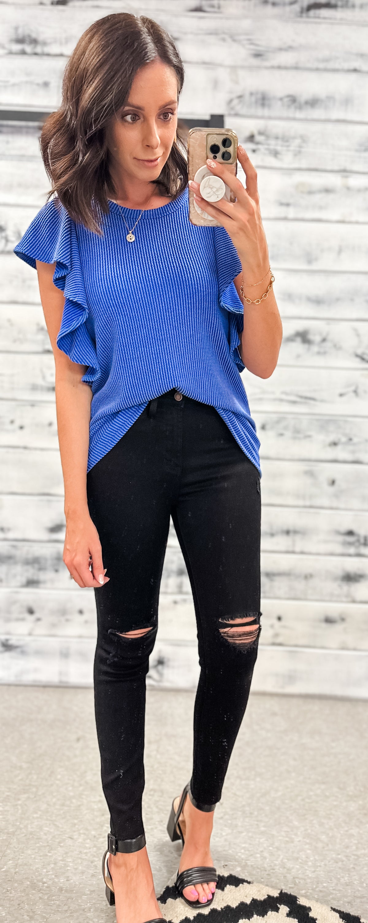 Bright Royal Ribbed Flutter Sleeve Top