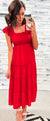 Radiant Red Smocked Tiered Ruffle Midi Dress