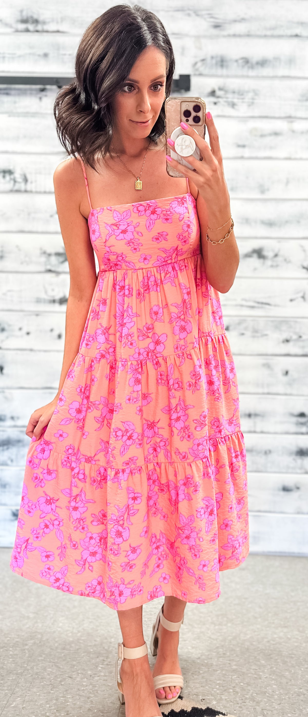 Coral &amp; Pink Floral Tiered Midi Dress
