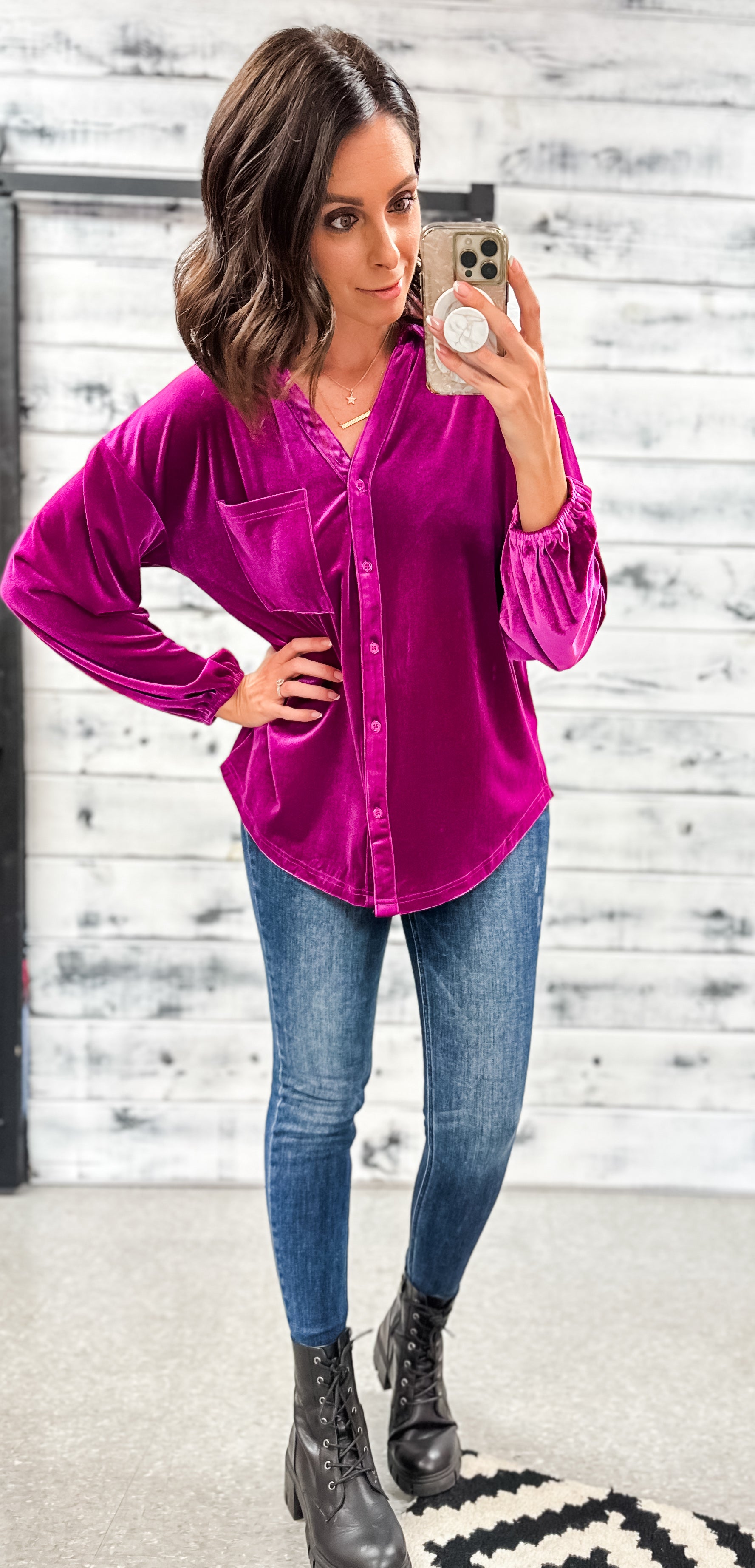 Pink velvet hot sale shirt outfit