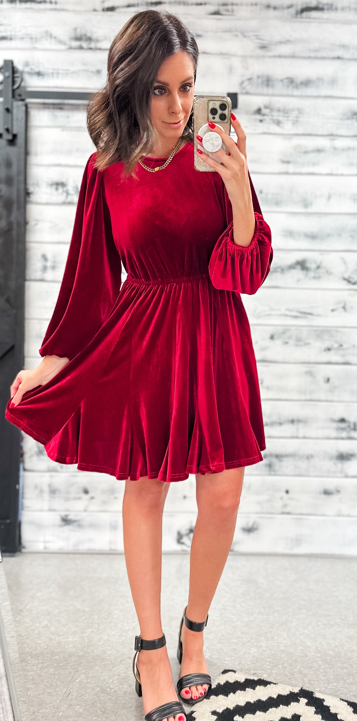 Red Velvet Flutter Poofy Sleeve Dress