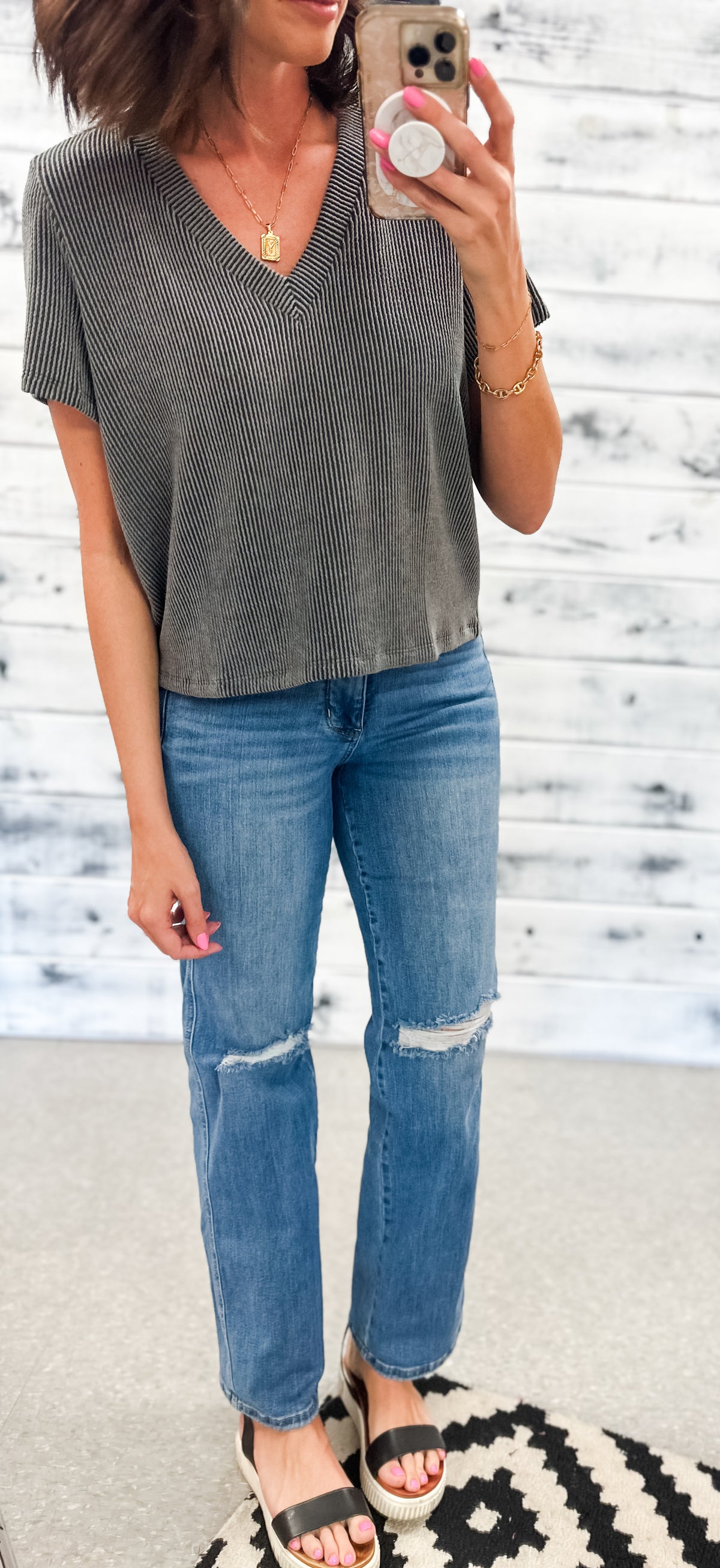 Charcoal Ribbed V-Neck Relaxed Crop Tee