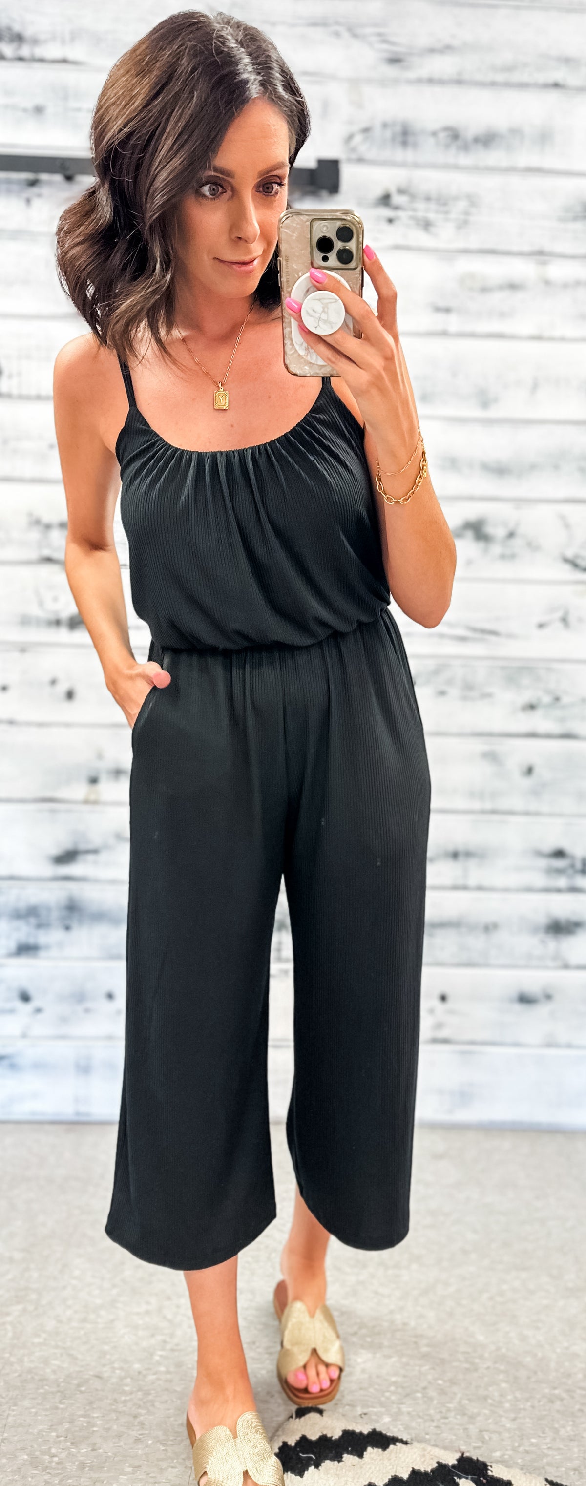 Black Ribbed Wide Leg Crop Jumpsuit