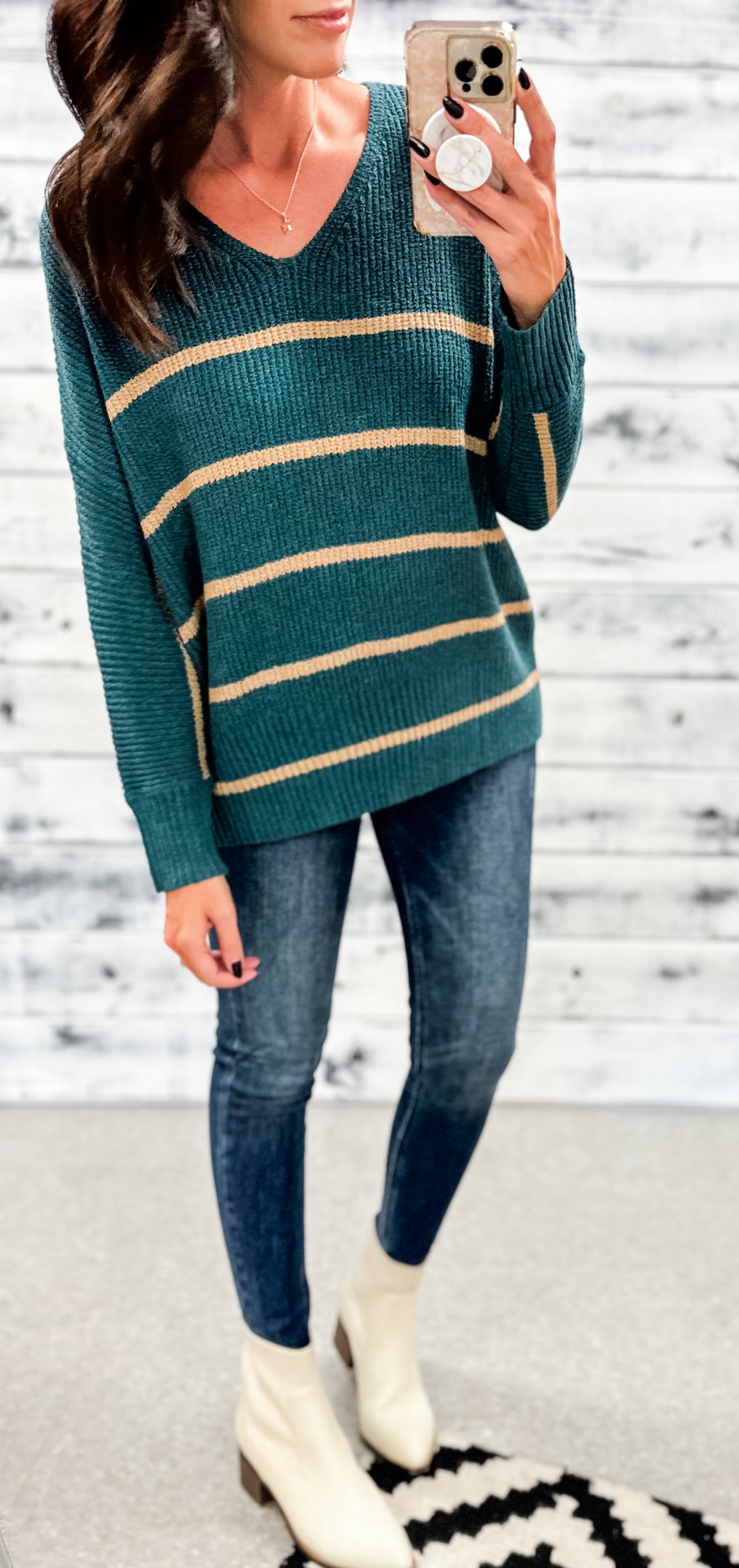 Deep Teal &amp; Tan Striped Sweater