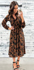 Brown & Black Floral V-Neck Midi Dress