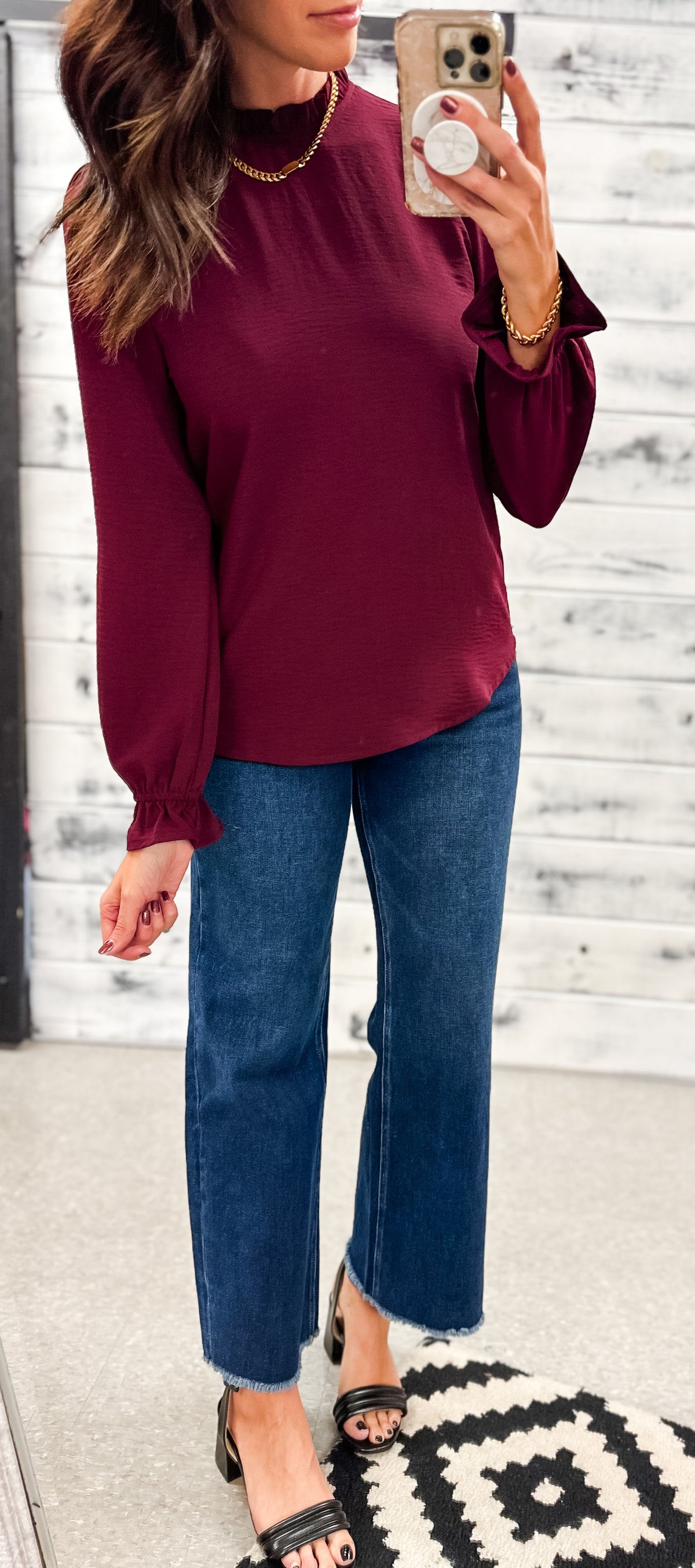 Wine Ruffle Neck Poofy Sleeve Blouse