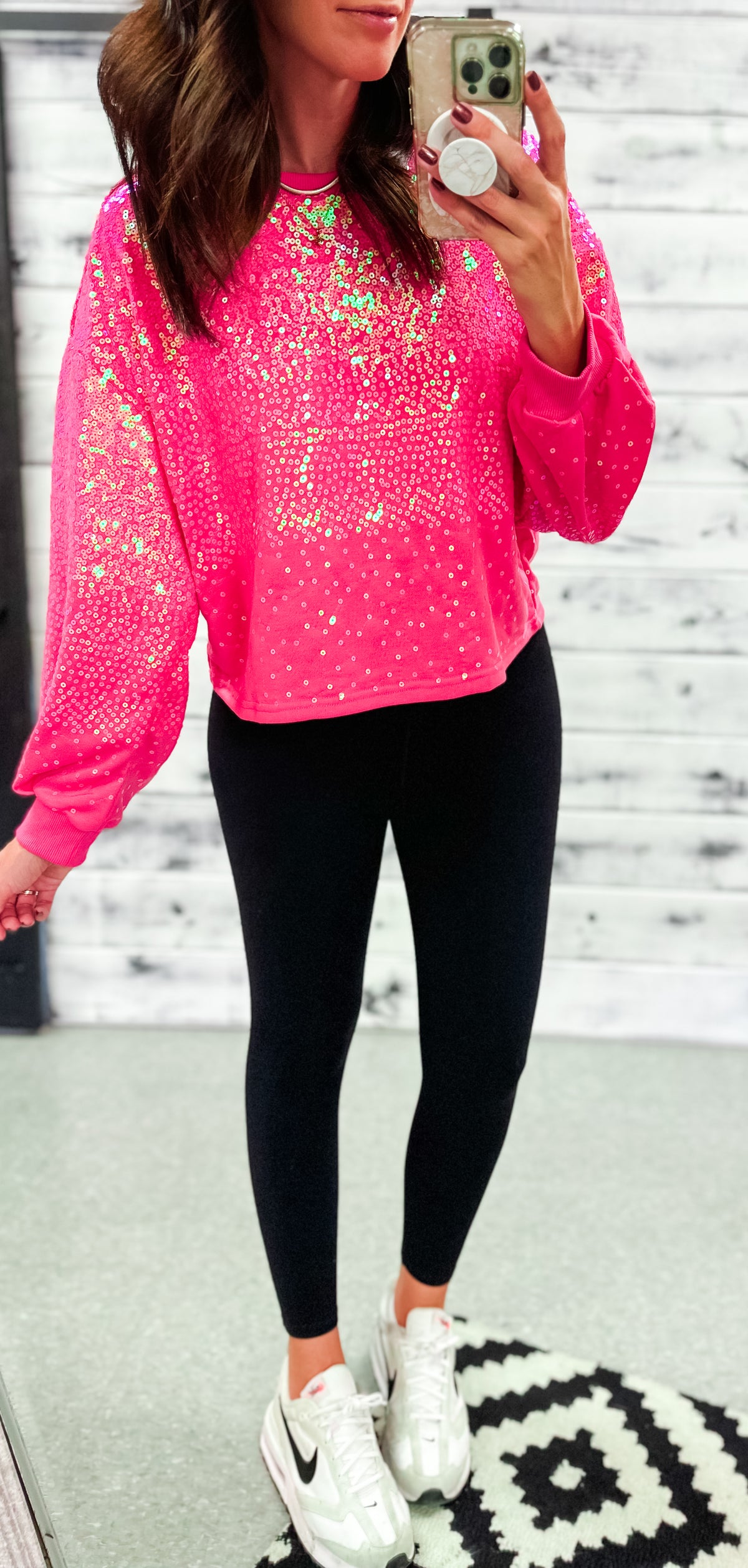 Hot Pink Sequin Poofy Sleeve Crop Sweatshirt