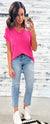 Hot Pink Ribbed V-Neck Reverse Seam Pocket Top