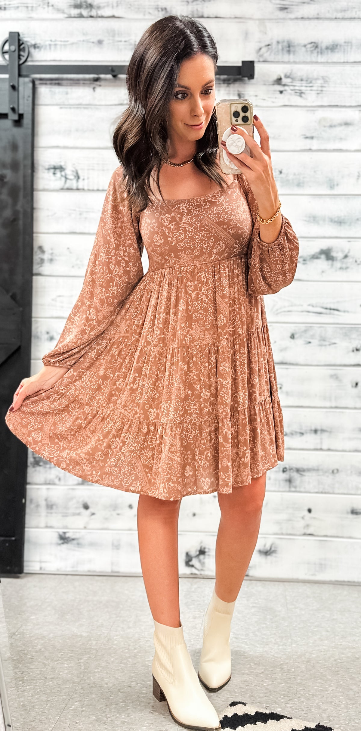 Muted Brown Floral Tiered Dress