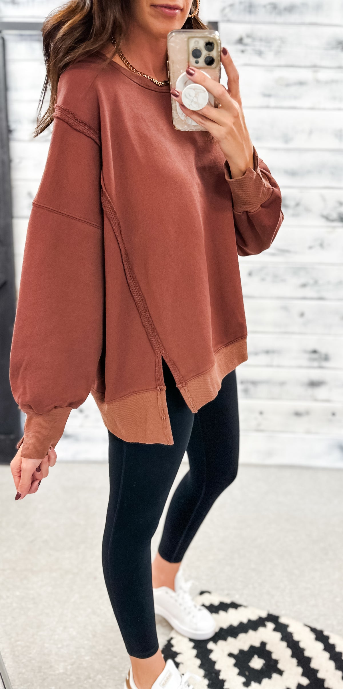 Red Rust Washed Oversized Raw Edge Pullover