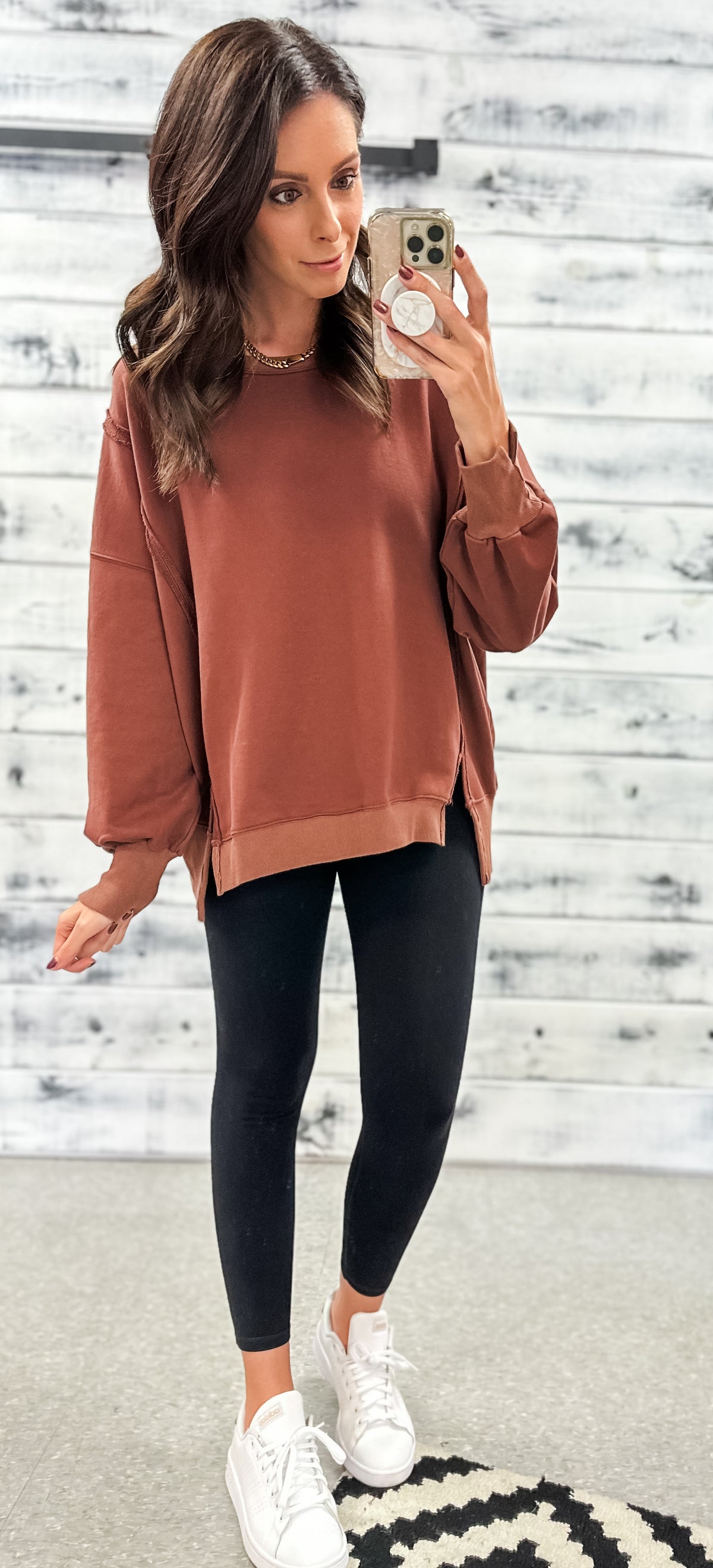 Red Rust Washed Oversized Raw Edge Pullover