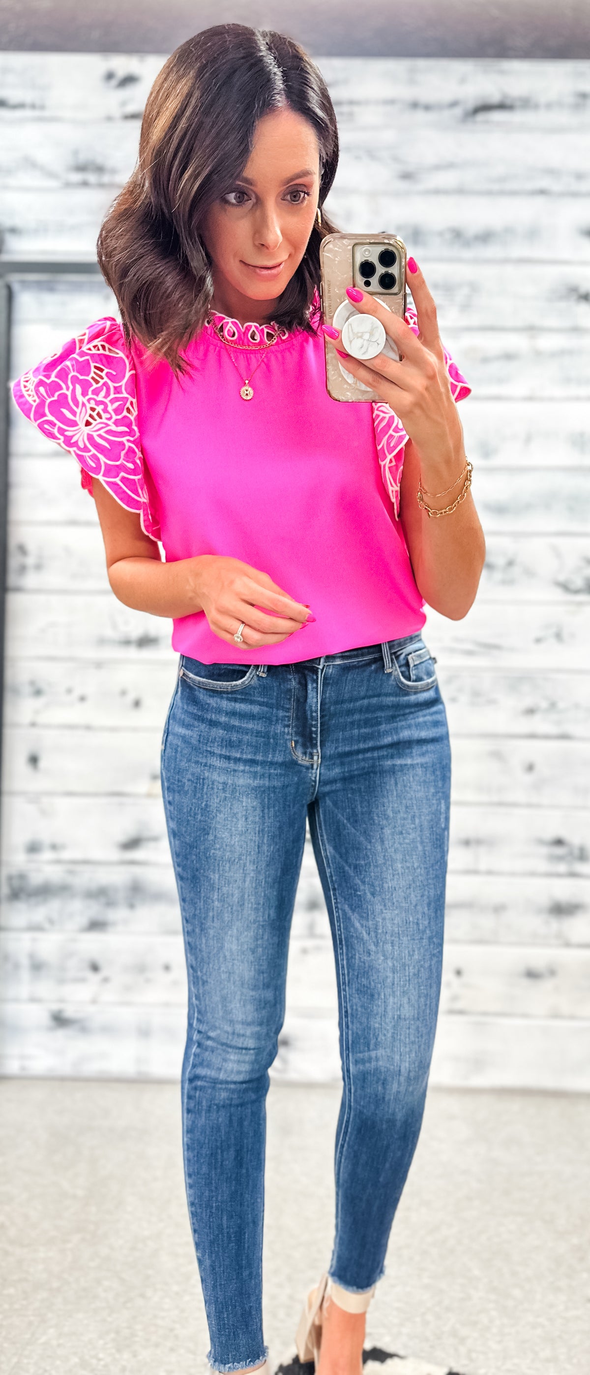 The Kassidy Hot Pink Embroidered Poofy Sleeve Blouse