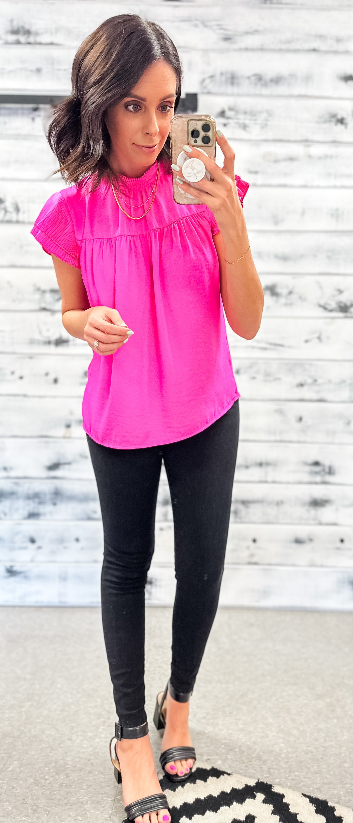 Hot Pink Satin Pleated Flutter Sleeve Blouse