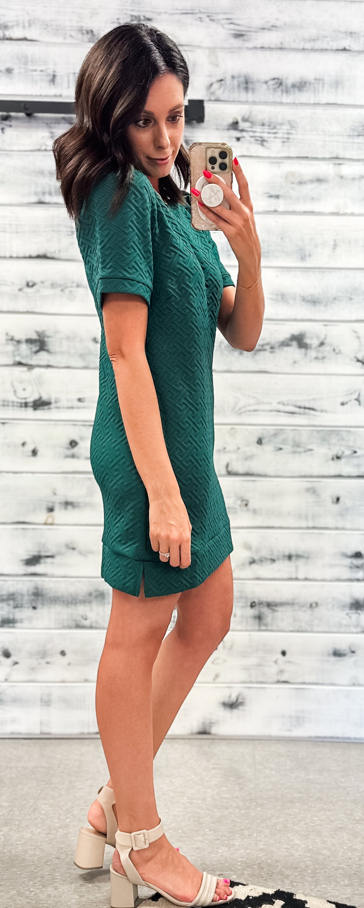 Muted Hunter Green Textured Puff Sleeve Shift Dress