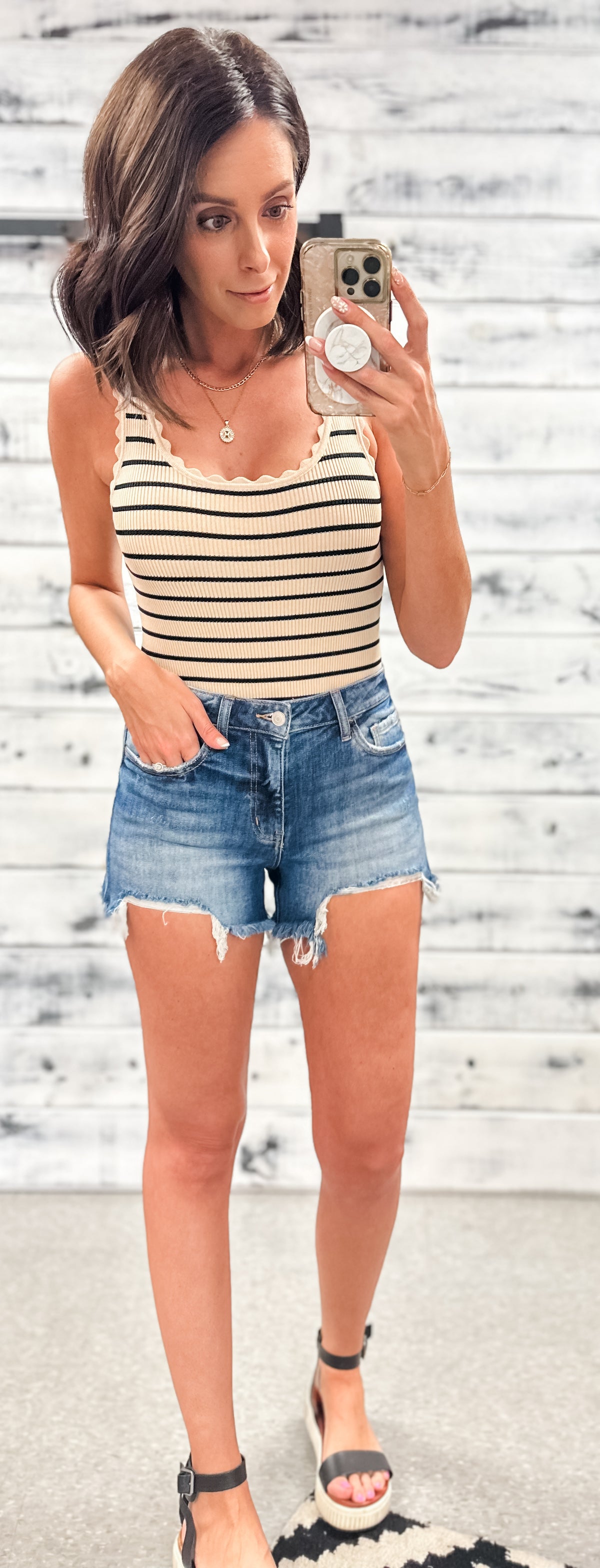 Tan &amp; Black Striped Scalloped Ribbed Tank